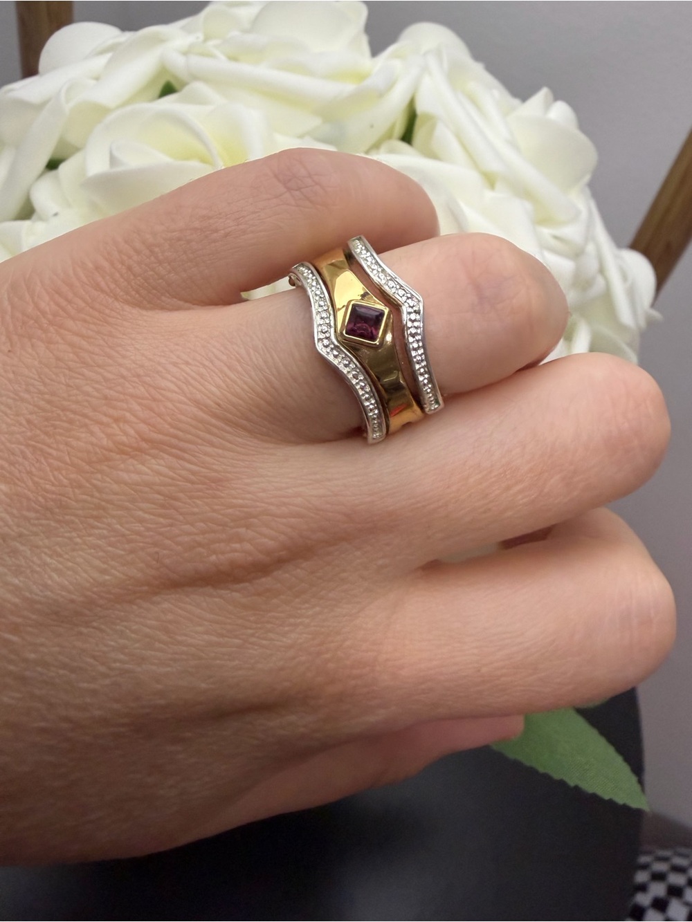Vintage Gold tone and Silver Ring Set with Ruby Accent size 6